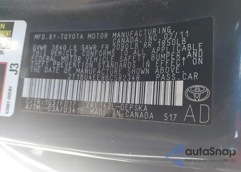 2011 Toyota Corolla S z USA, uszkodzony, nr VIN 2T1BU4EE8BC582348